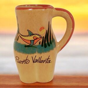 Puerto Vallarta Ceramic Mug with Fish Design - Tan and Green
